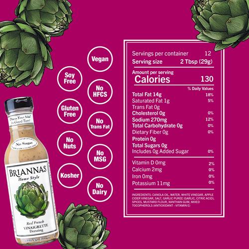 Briannas – Vinaigrette Maison Authentique – Fine Vinaigrette Faite avec des Ingrédients de Première Qualité – Sans Gluten, Casher, Sans Sucre et Vinaigrette Végétalienne – Bouteille de 355 ml