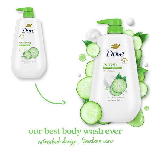 Nettoyant corporel Dove avec pompe, concombre et thé vert, pour une peau douce comme une lotion pendant 24 heures, sans sulfates, sans parabènes, 908 g