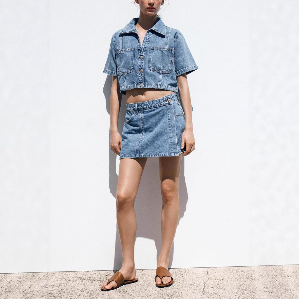 Ensemble deux pièces chemise-robe et pantalon en jean ample pour femme – Coton