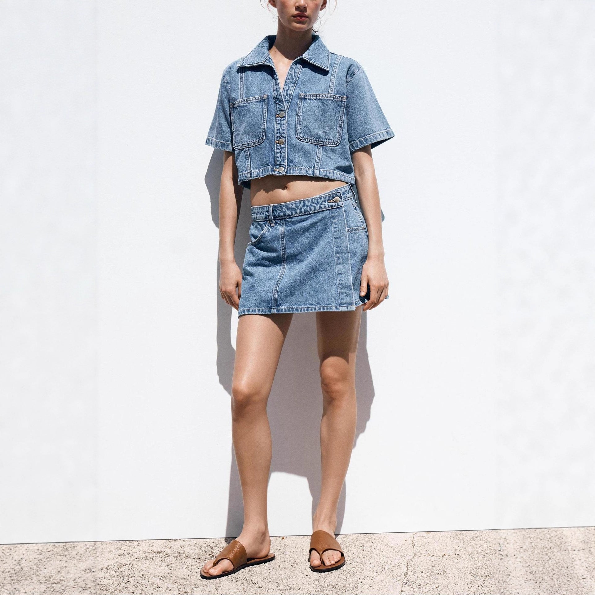 Ensemble deux pièces chemise-robe et pantalon en jean ample pour femme – Coton