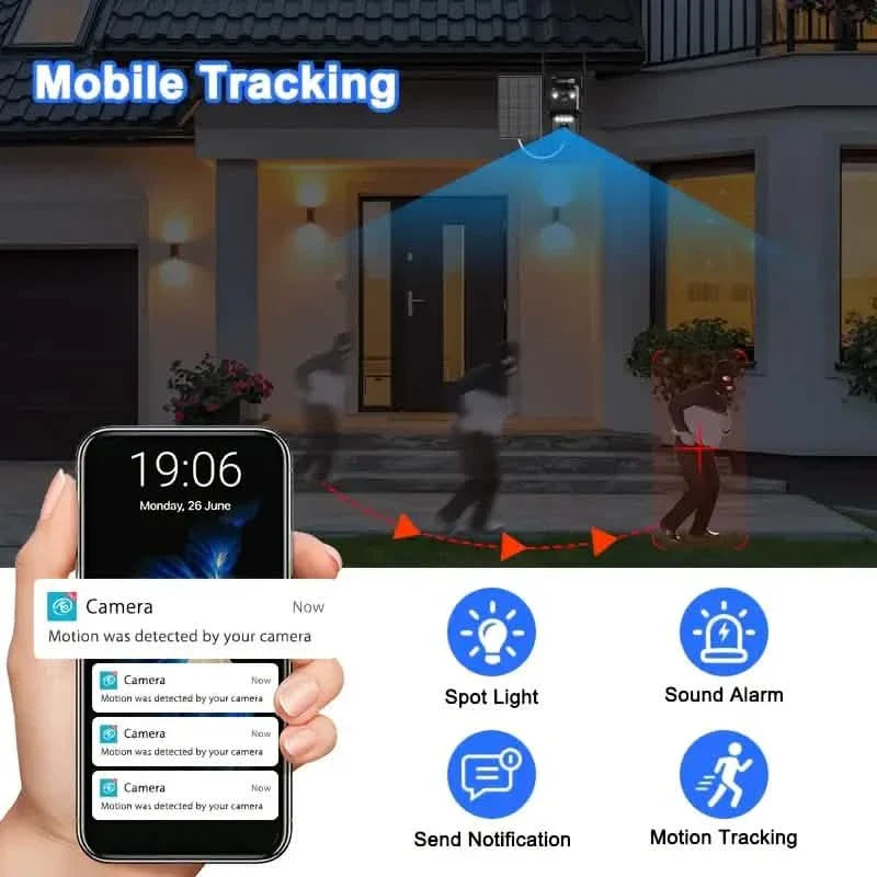 Caméra de sécurité solaire Wi-Fi – Vue à 360°, zoom 10x, vision nocturne et détection de mouvement