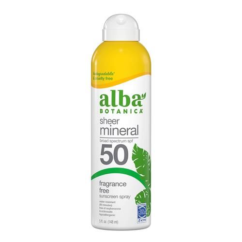 Alba Botanica Écran Solaire Minéral Transparent en Spray, FPS 50, Sans Parfum à Large Spectre, Résistant à l'Eau et Biodégradable, Flacon de 147 ml