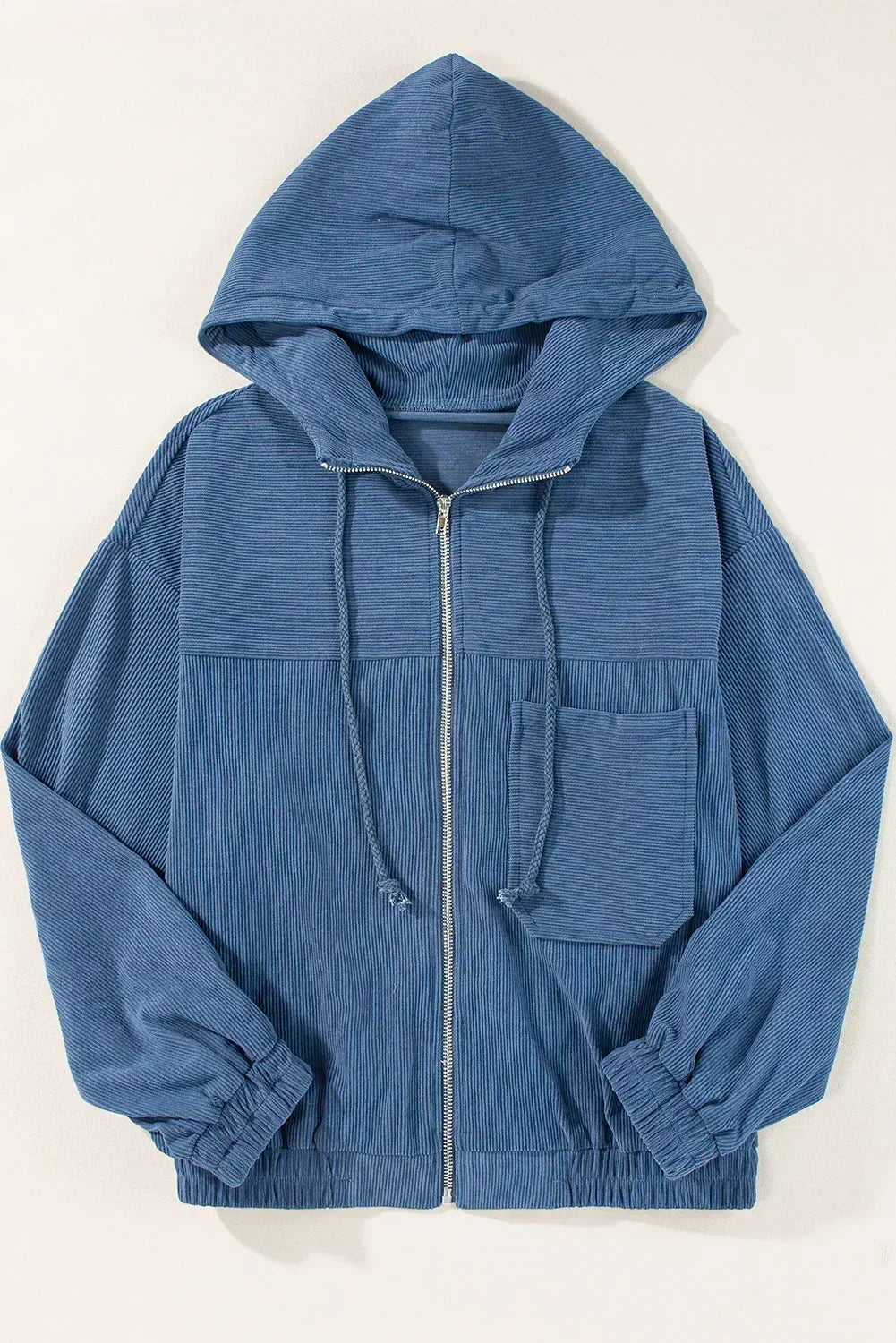 Veste à capuche zippée en velours côtelé bleu sarcelle véritable – Femstylo