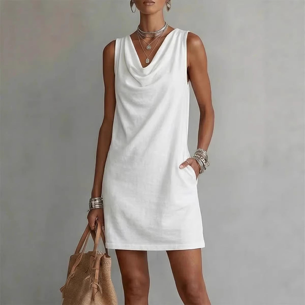 Robe Midi Décontractée sans Manches et Col Bateau pour Femme