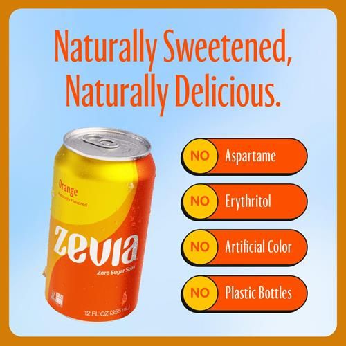 Zevia Zero Sugar Soda, Orange, canettes de 355 ml (paquet de 12)