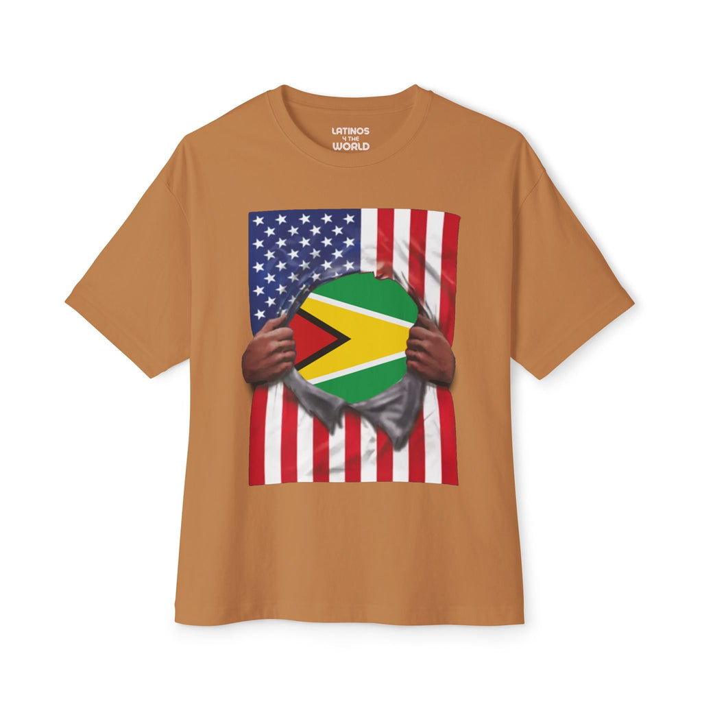 T-shirt Drapeaux Guyana + USA Fierté | Drapeaux Guyanien + Américain Effet déchiré 4 Juillet | T-shirts Latino Drôles Viraux | Unisexe - 4 Couleurs