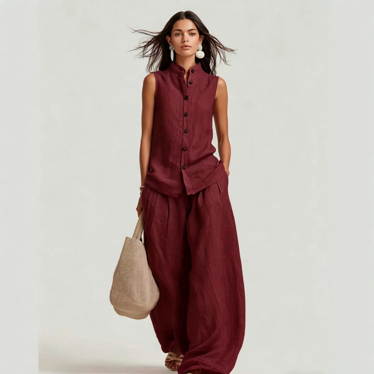 Ensemble top sans manches col montant et pantalon large taille haute pour femme