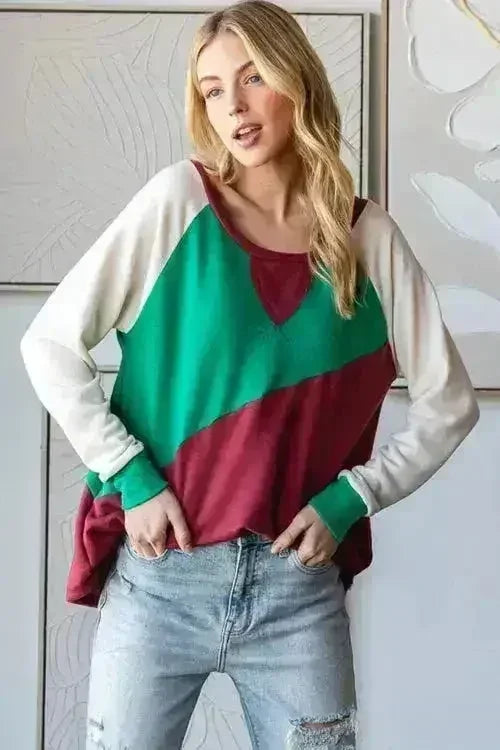 HOPELY T-shirt à manches longues et blocs de couleur grande taille