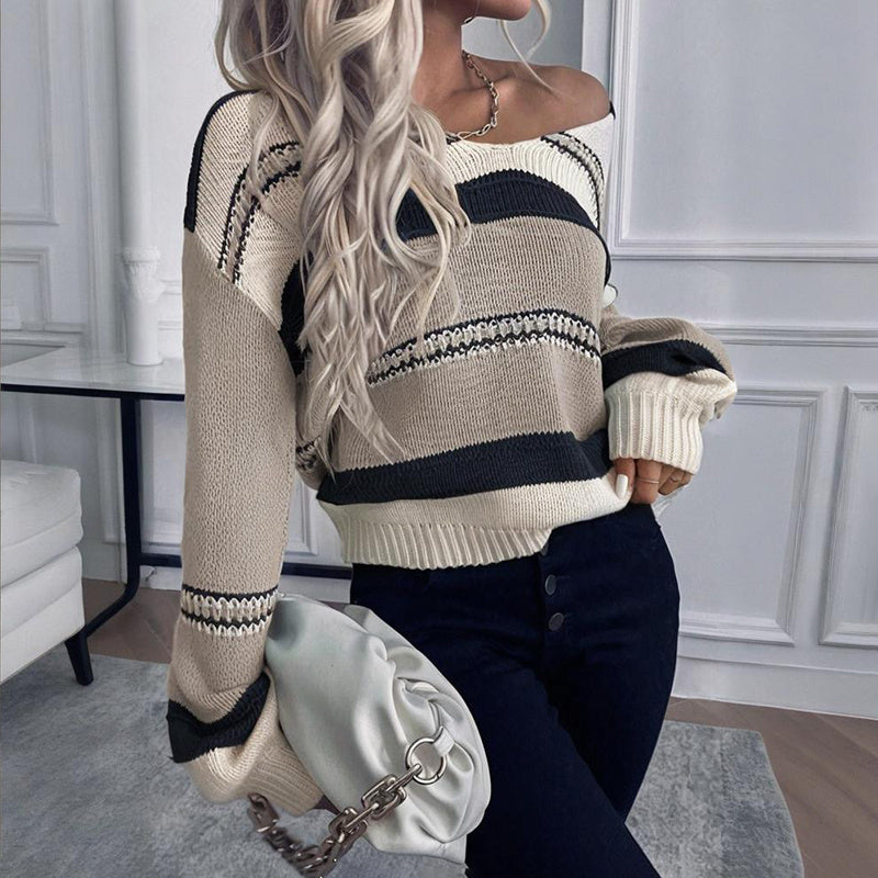 Pull rayé vintage français pour femme | Col en V, manches longues, tricot extensible