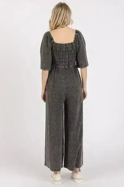 Combinaison Jumpsuit en Gaze Lavée Minérale - Barboteuse Ample Froncée à Jambes Larges | Femstylo