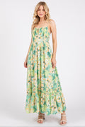 Nouvelle robe longue à fines bretelles, dos smocké, ourlet volanté et imprimé floral pour l'été – Élégance bohème, féminine, fluide, confortable, chic sans effort