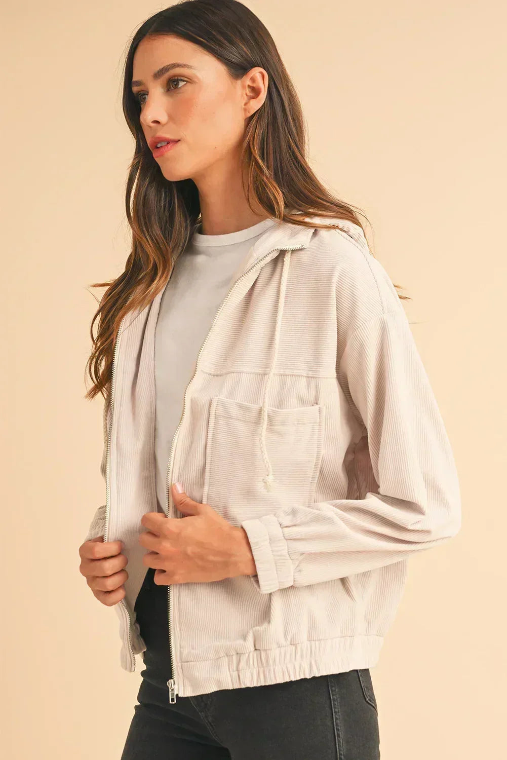 Veste à capuche zippée en velours côtelé bleu sarcelle véritable – Femstylo