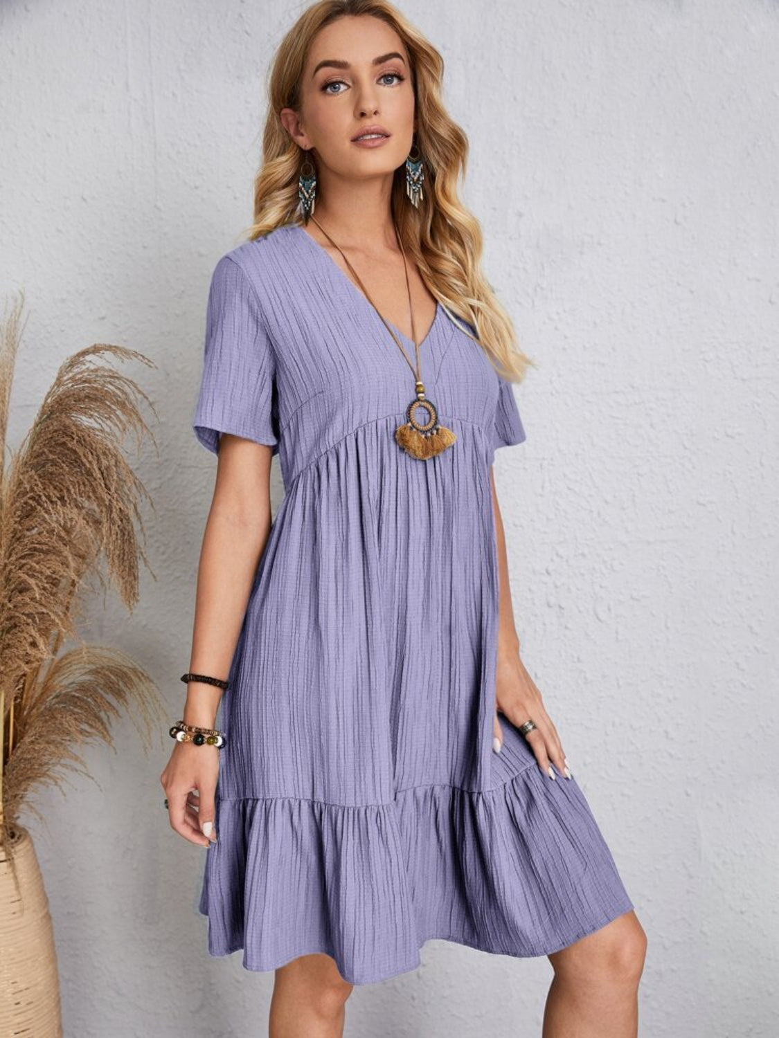 Robe Classique Col V Manches Courtes Décontractée et Confortable pour Femmes