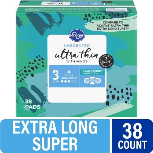 Serviettes ultra minces Kroger avec ailettes, extra longues, taille super 3, sans parfum, 38 unités