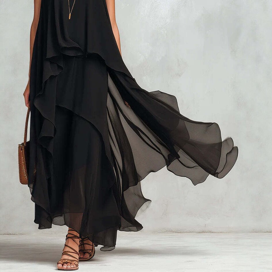 Robe longue asymétrique en mousseline noire – Robe longue fluide sans manches style bohème coupe trapèze pour femme