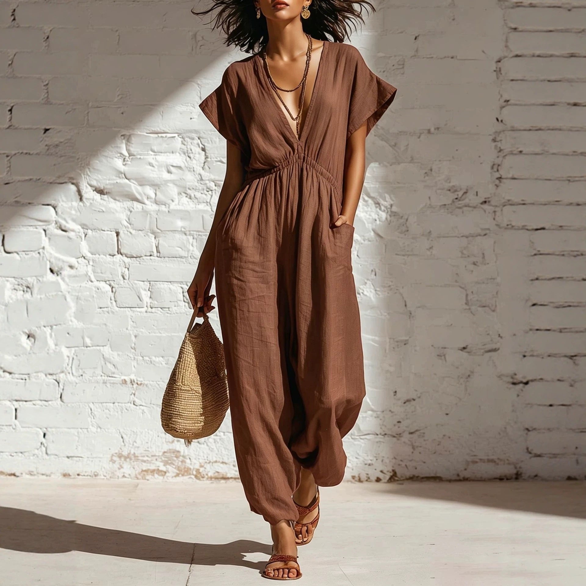 Pantalon femme taille haute à jambes larges, avec haut à décolleté plongeant et manches trois-quarts