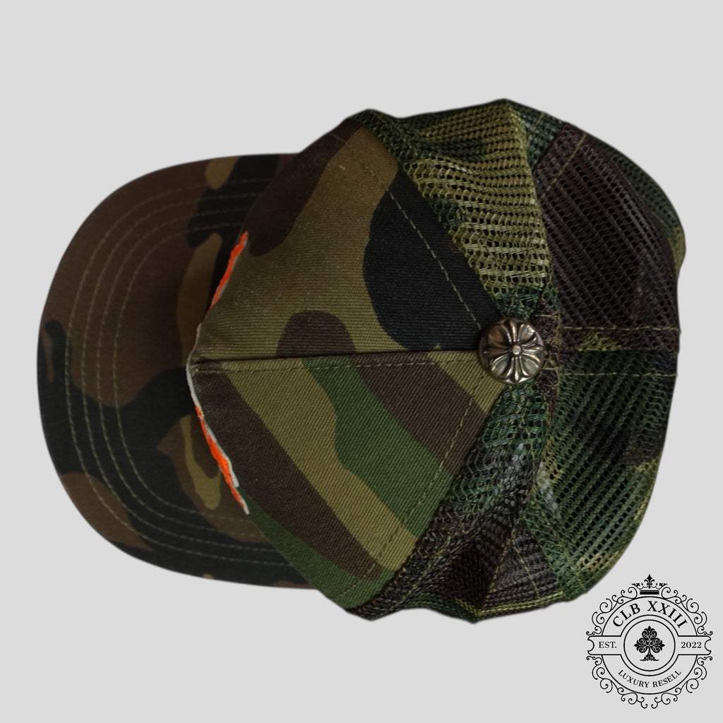 Casquette de routier Chrome Hearts en cuir triple croix camouflage/orange