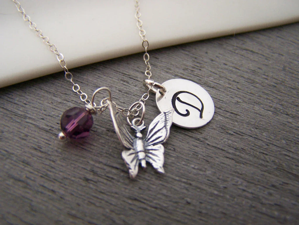 Collier papillon personnalisé – Breloque en argent sterling massif avec pierre de naissance et initiale