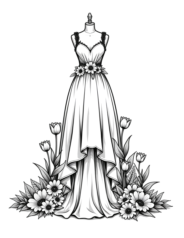 Floral Wedding Dress Coloring Book – 40 Page Printable PDF