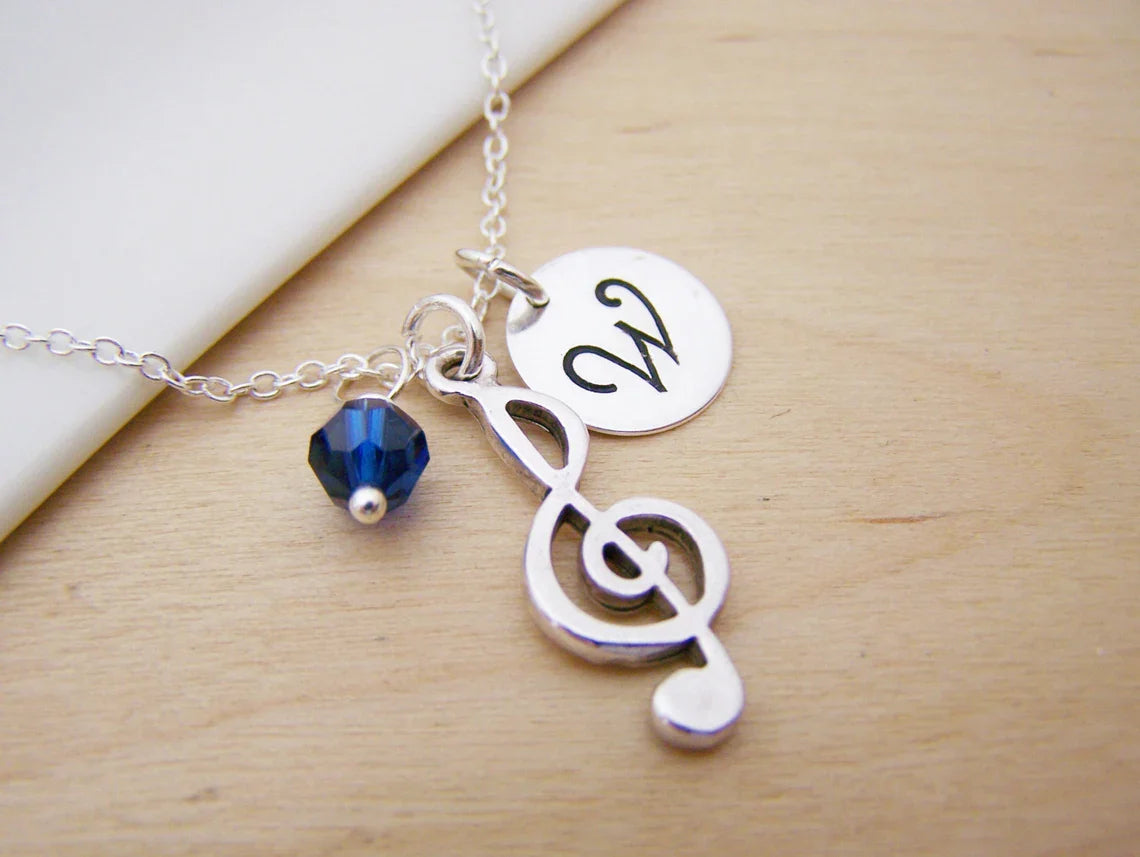 Collier clé de sol personnalisé – Chaîne en argent sterling avec pierre de naissance et initiale