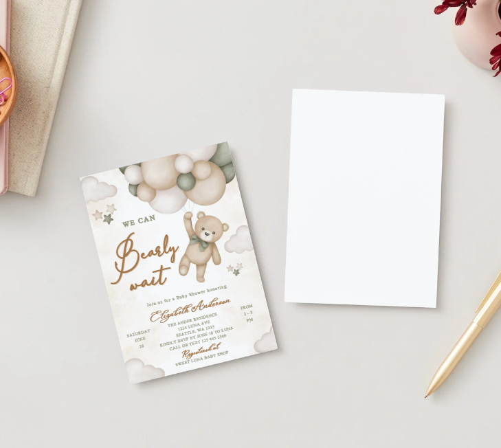 We Can Bearly Wait Baby Shower Invitation – Editable Canva Template