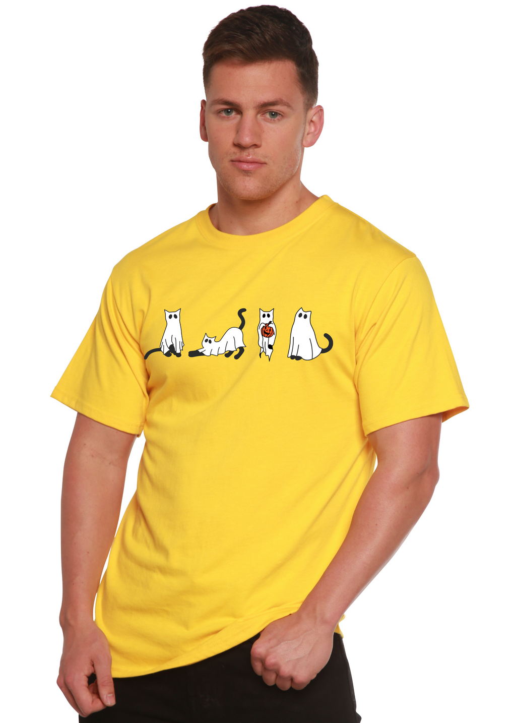 T-shirt graphique à manches courtes en viscose de bambou/coton biologique pour homme - Chats d'Halloween
