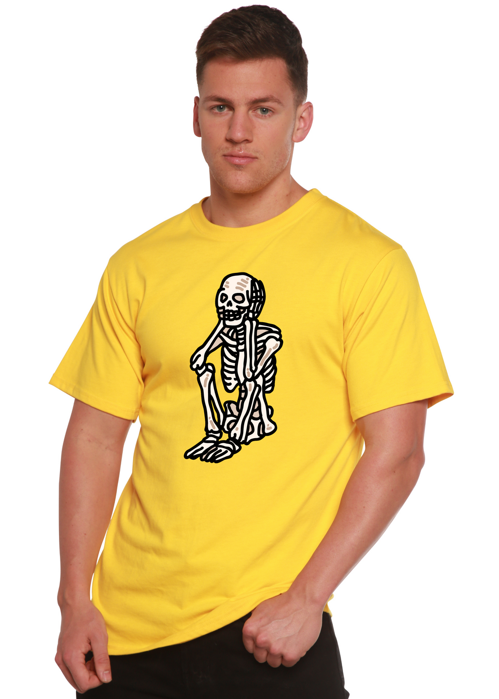 T-shirt graphique unisexe squelette triste Halloween en bambou viscose/coton biologique à manches courtes