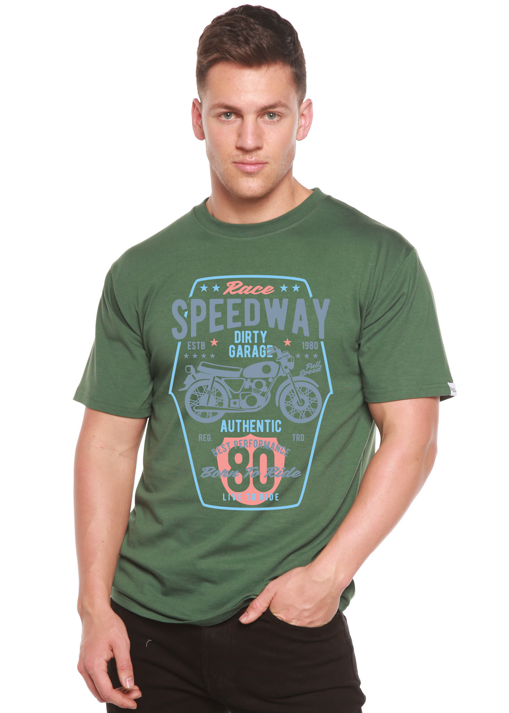 T-shirt graphique Speedway Motorcycle Spun Bamboo® à manches courtes en viscose de bambou/coton biologique pour homme