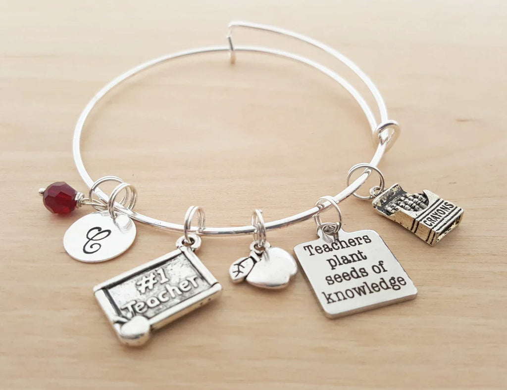 #1 Bracelet pour professeur – Jonc réglable avec pierre de naissance et initiale