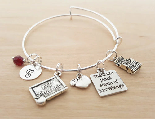 #1 Teacher Bracelet – Adjustable Bangle with Birthstone & Initial