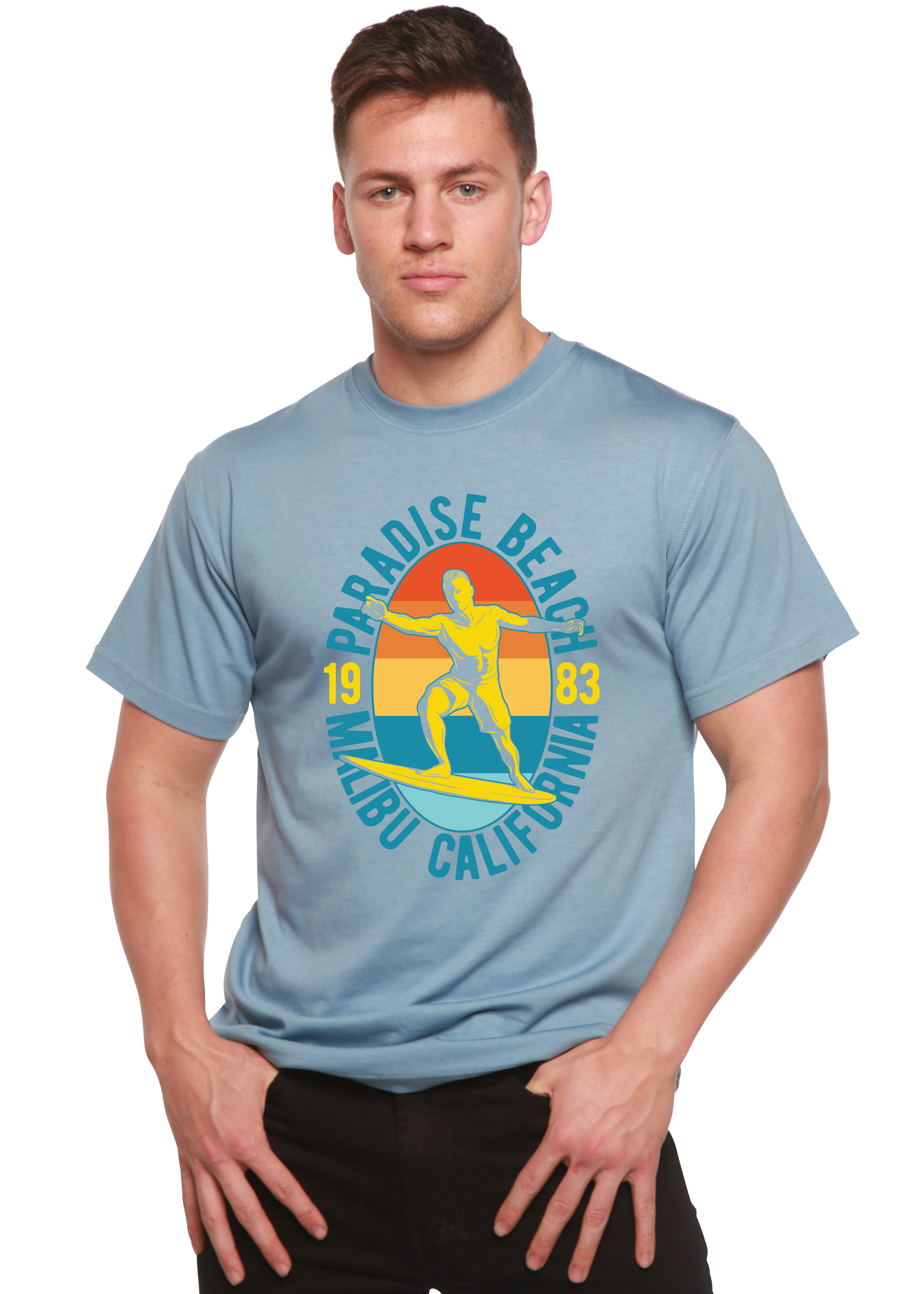 T-shirt graphique Paradise Beach 1983 à manches courtes en viscose de bambou/coton biologique pour homme