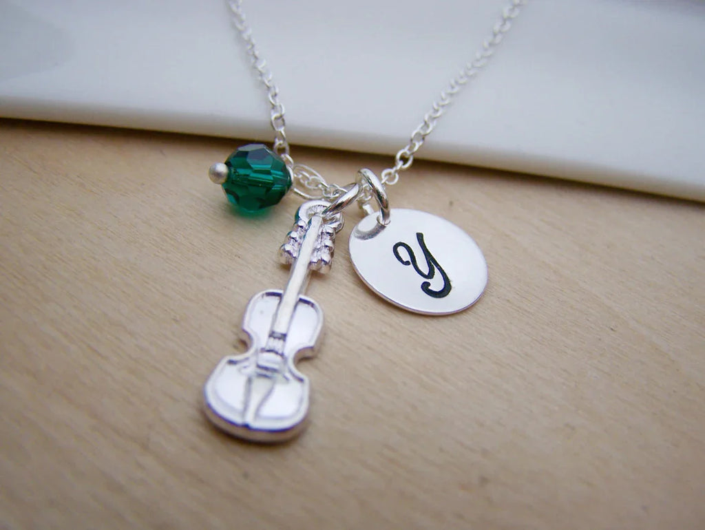 Collier Violon Personnalisé – Argent Sterling avec Pierre de Naissance et Breloque Initiale