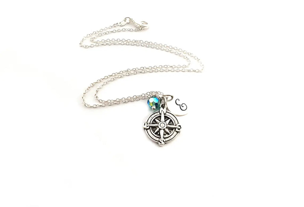 Collier boussole personnalisé – Chaîne en argent sterling avec pierre de naissance et initiale