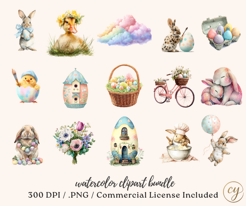 Lot de 97 images clipart aquarelles enchantées de Pâques – Graphiques PNG pastel printaniers – Utilisation commerciale incluse