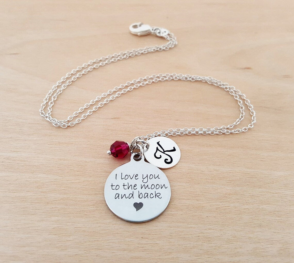 I Love You to the Moon and Back Necklace – Sterling Silver with Birthstone & Initial Charm