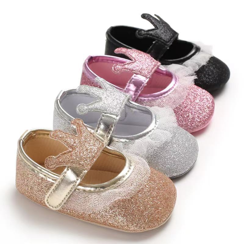 Chaussures de bébé fille nouveau-né, tout-petit, enfants, motif couronne pailletée, semelle souple antidérapante