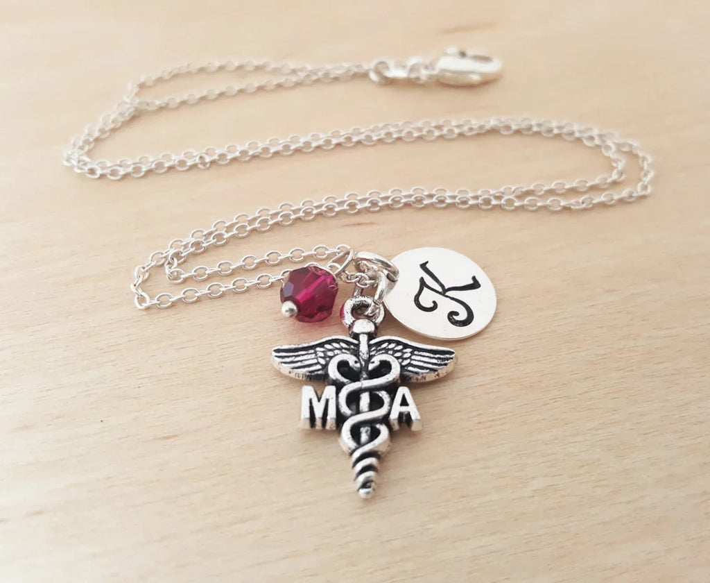 Medical Assistant Necklace – Sterling Silver with Birthstone & Initial Charm