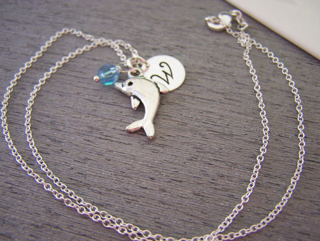 Collier Dauphin Personnalisé – Chaîne en Argent Sterling avec Pierre de Naissance et Initiale
