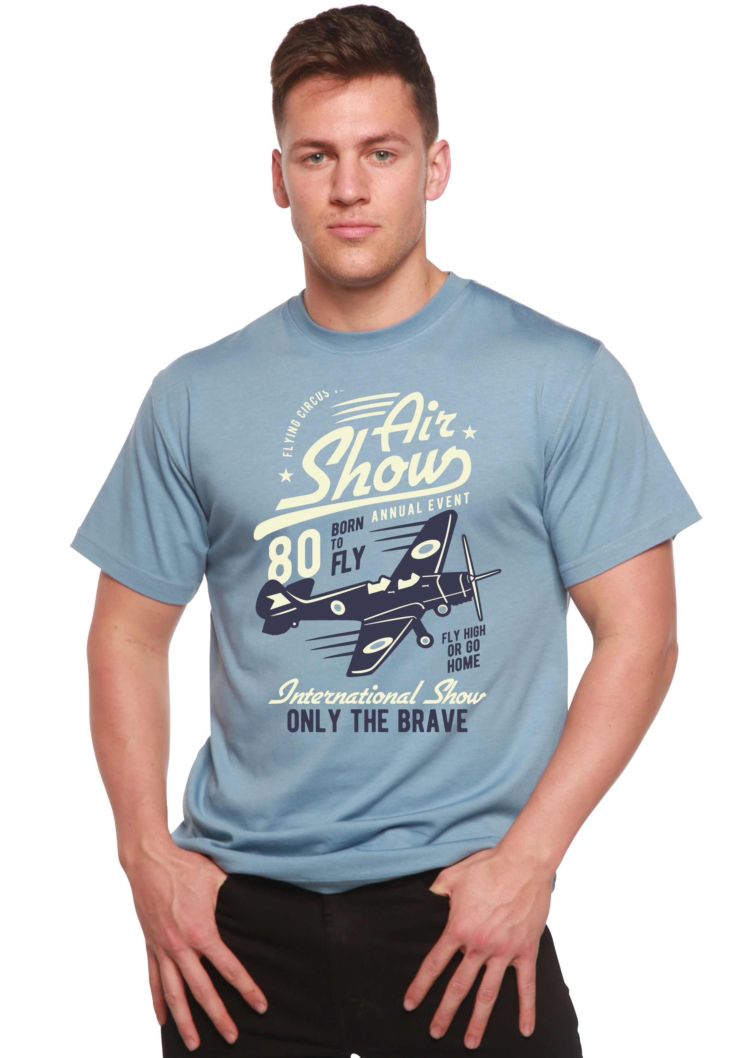 T-shirt à manches courtes avec motif graphique en viscose de bambou et coton biologique pour homme, motif « Meeting aérien »