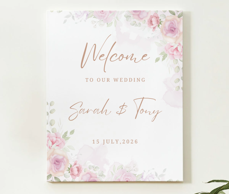 Panneau de bienvenue de mariage modifiable – Modèle Canva floral | Téléchargement instantané