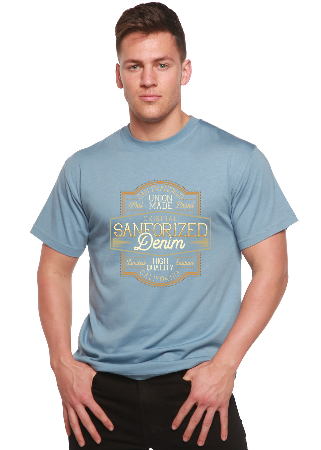 T-shirt graphique à manches courtes en denim sanforisé original en viscose de bambou/coton biologique pour homme