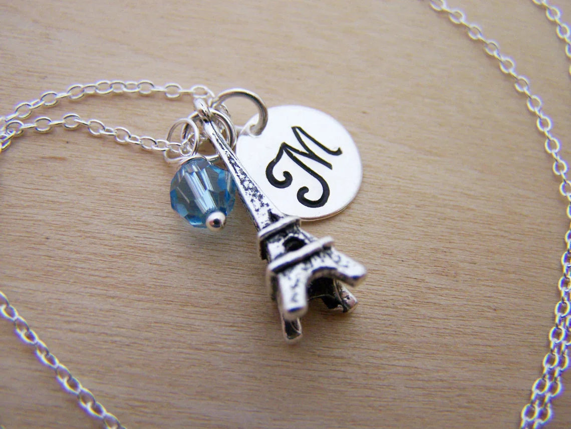 Collier Tour Eiffel – Argent Sterling avec Pierre de Naissance et Breloque Initiale