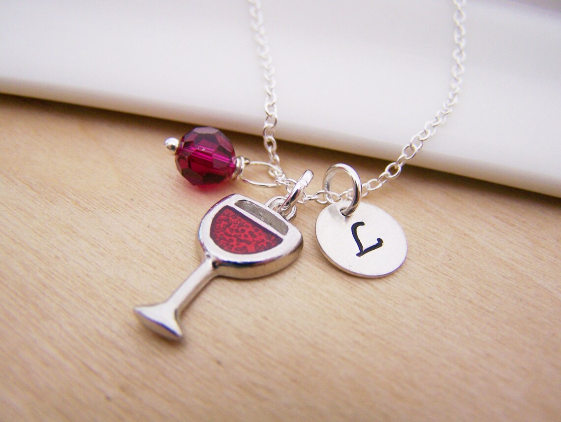 Collier personnalisable en verre de vin – Chaîne en argent sterling avec pierre de naissance et initiale