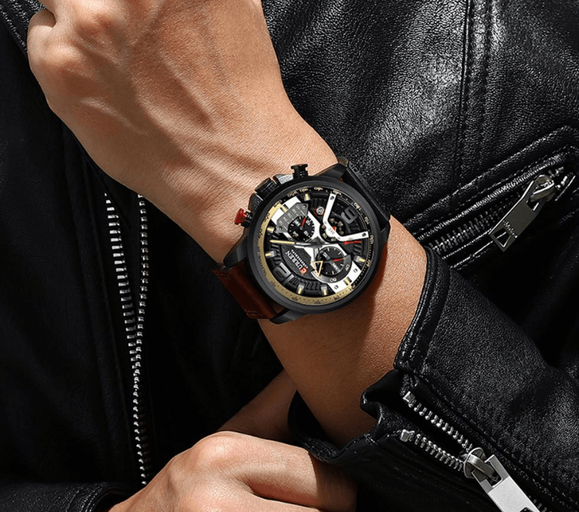 Montre Sport Homme Étanche Avec Bracelets en Cuir, Chronomètres et Grands Chiffres Détails Montres de Luxe Design Unique Excellent Cadeau