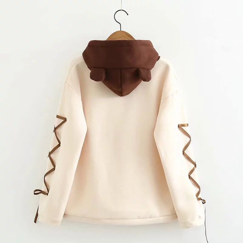 Sweat à capuche femme avec oreilles d'ours, manches longues, ruban, pompon, mignon, pull à capuche, haut, sweat-shirt à capuche