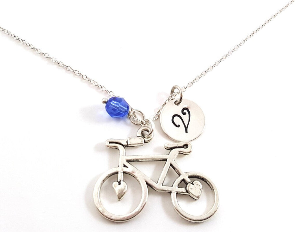 Collier de vélo personnalisé – Chaîne en argent sterling avec pendentif cœur, pierre de naissance et initiale