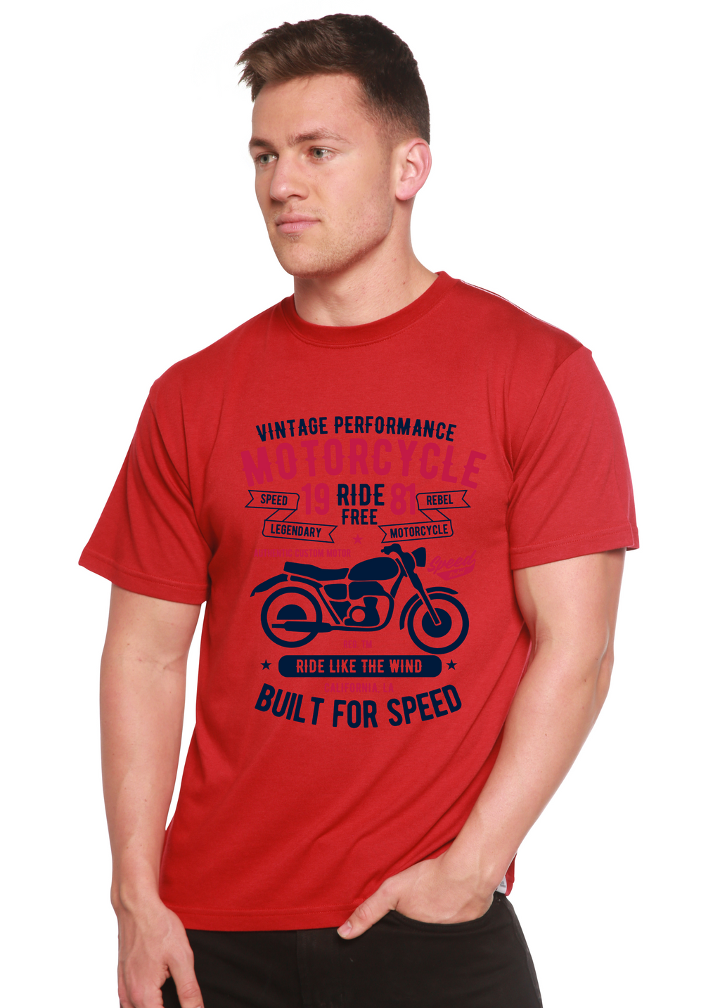 T-shirt graphique à manches courtes pour hommes en bambou/coton biologique "Motorcycle Ride Free"
