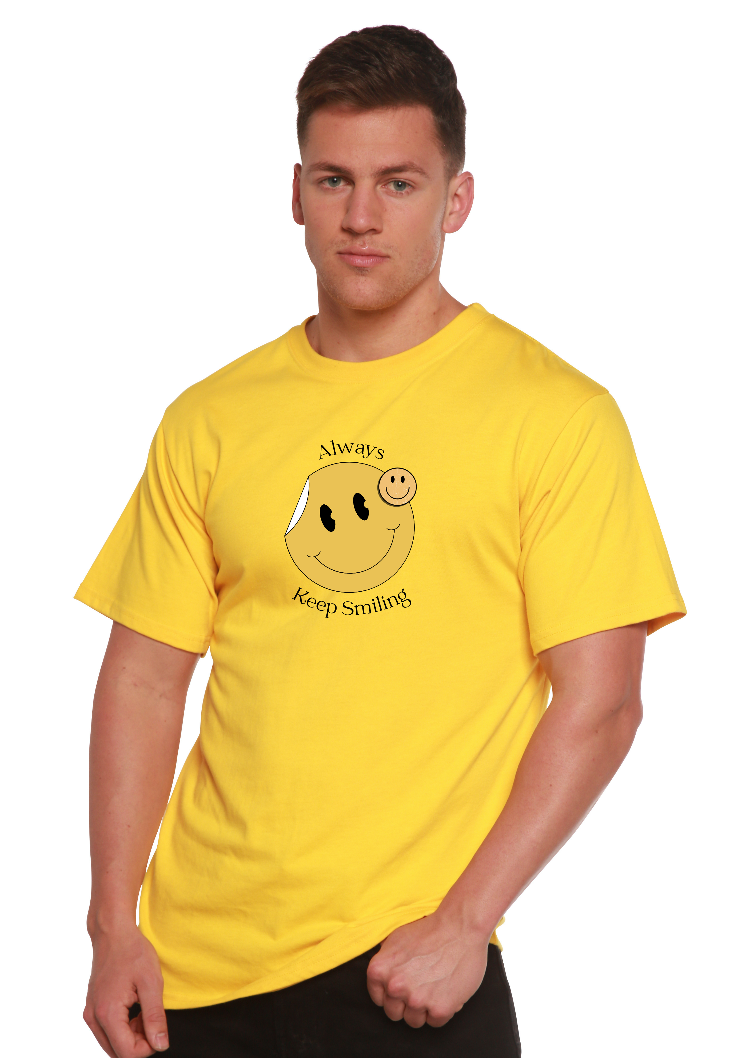 T-shirt graphique à manches courtes en bambou-viscose/coton biologique pour homme avec inscription « Always Keep Smiling »
