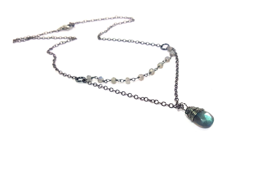 Chapelet Collier Labradorite Flash Bleu et Argent Oxydé
