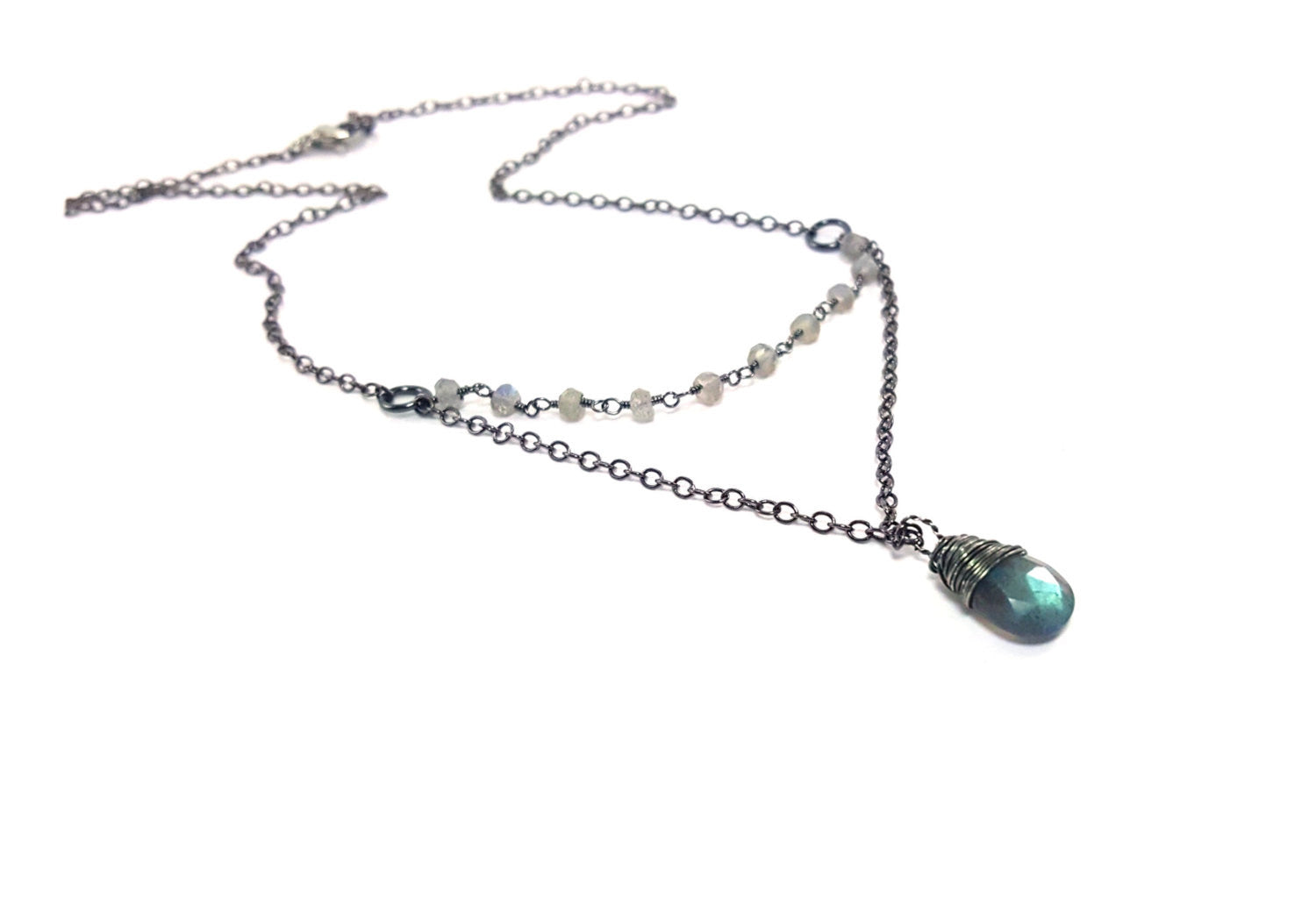 Chapelet Collier Labradorite Flash Bleu et Argent Oxydé